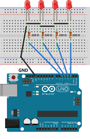 Circuit diagram blink LEDs in an Order using Arduino